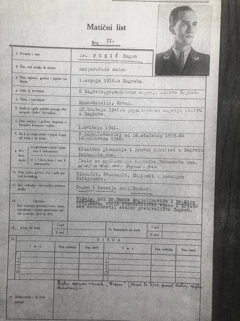 eugen pusic maticni list